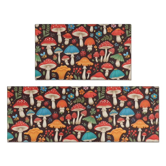 Mushroom and Flower Brown Pattern Anti Fatigue Kitchen Rugs Set Of 2, Non Slip Washable Decorative Floor Mats for Kitchen Sink Laundry, 17"x30" and 17"x47"