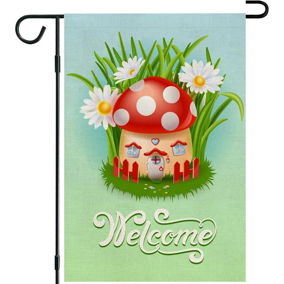 Mushroom Flower Garden Flag Welcome Spring Plant Small Double Sided Readable Yard Signs Vertical Welcome Holiday Farmhouse Outdoor Lawn Decor Poster Flag