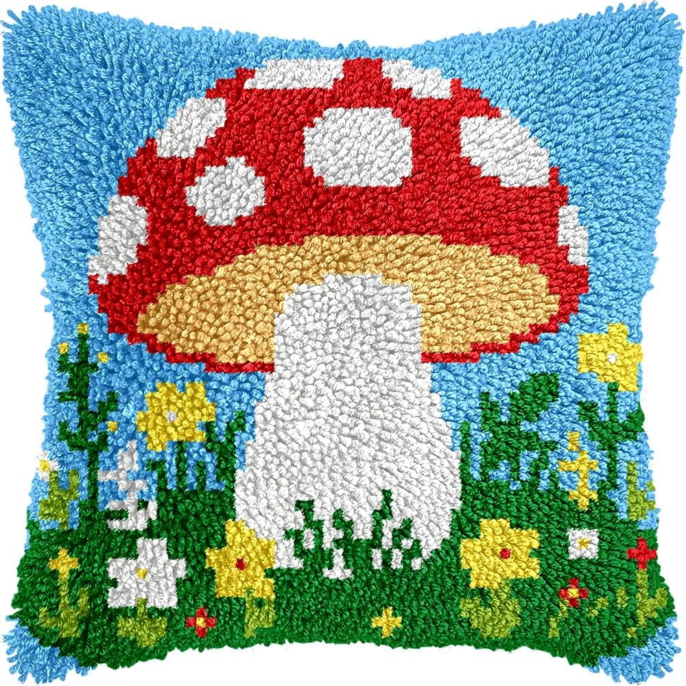 Mushroom & Flowers Latch Hook Pillow Cover Kits for DIY Handmade Throw Pillow Cross Stitch Latch Hooking Pillowcase Kits with Preprinted Color Pattern Canvas Crochet Yarn Kits 17''X 17''(8-71)