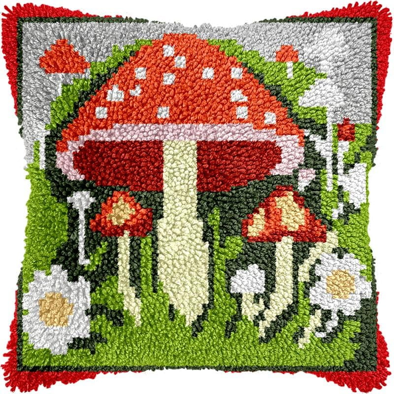 Mushroom & Flowers Latch Hook Pillow Kits Cushion Pillowcase with Pattern Printed Canvas Sofa Hooking Pillows Crafts Embroidery Latch Hooking Crochet Kits 17x17 inch(128)