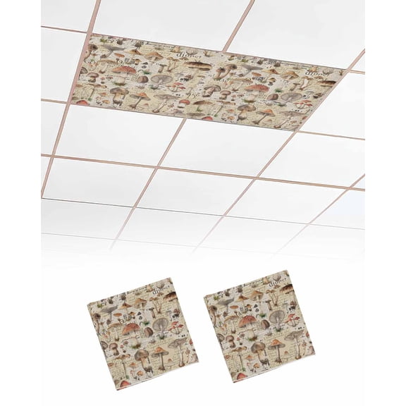 Mushroom Fluorescent Light Covers for Ceiling Lights 4x2 feet,2 Pack Magnetic Light Filters for Classroom,Pastoral Summer Botanical Watercolor Rustic Fluorescent Light Shade Panel for Office School