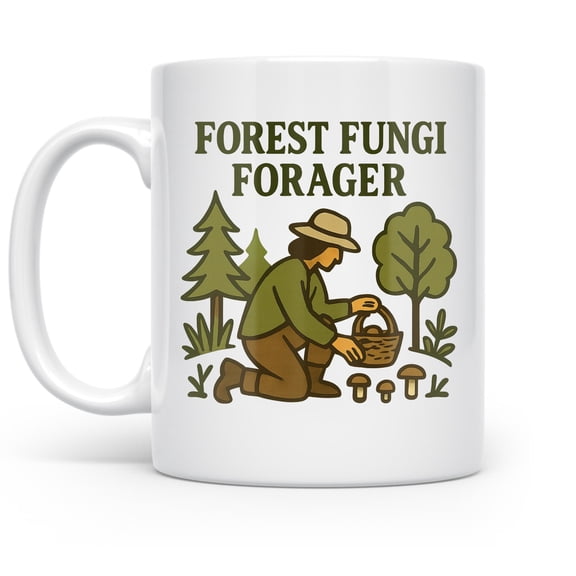 Mushroom Forager 11 oz Coffee Mug - Rustic Woodcut Design White Ceramic Gift