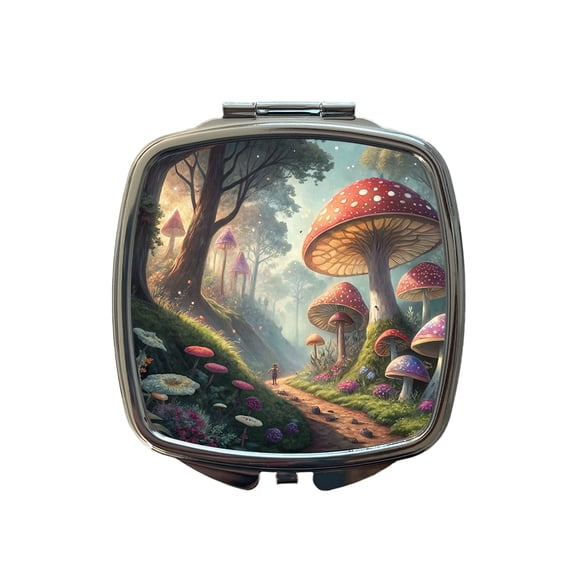 Mushroom Forest Anime Style Fantasy Travel Makeup Handbag Purse Small Pocket Compact Mirror