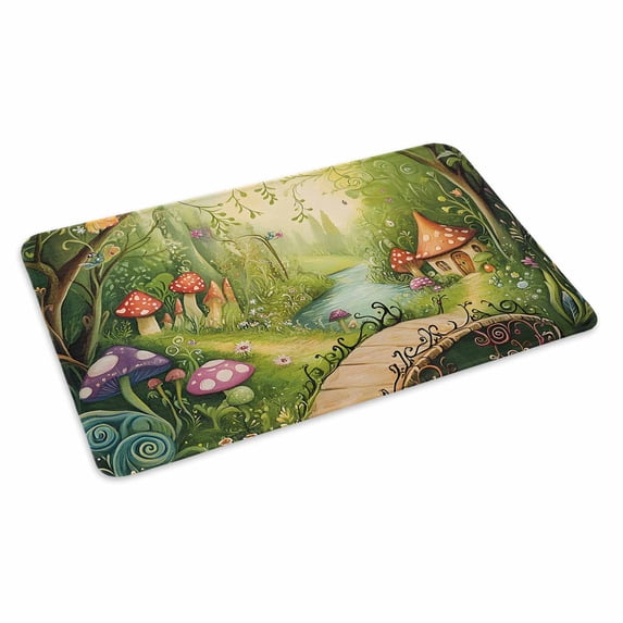 Mushroom Forest Doormat Outdoor Entrance 16"x24", Green Fantasy Cottage Vintage Plant Lake Absorb Moisture Dirt Door Mats, Non-Slip Rubber Backing Floor Mats Indoor, Low-Profile Front Door Rugs