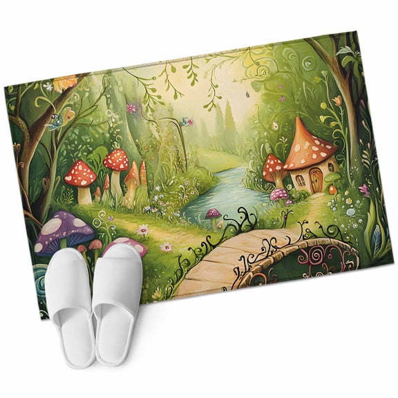 Mushroom Forest Entryway Rug 2x3 Area Rug Washable Indoor Doormat Small Bathroom Rugs Low Pile Accent Throw Rugs Green Fantasy Cottage Vintage Plant Lake Floor Carpet for Kitchen Bedroom Entrance