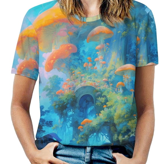 Mushroom Forest Fantasy-1 Womens Tops Women's Fashion Casual Short Sleeve Flower Print Round Neck Pullover Top Blouse