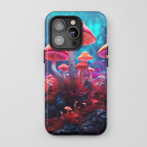 Mushroom Forest For All iPhone Series Protective Phone Case Fantasy Art Vibrant Red Blue Pink
