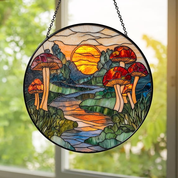 Mushroom Forest Glass Suncatcher, Cottagecore Window Hanging, 7.9 in