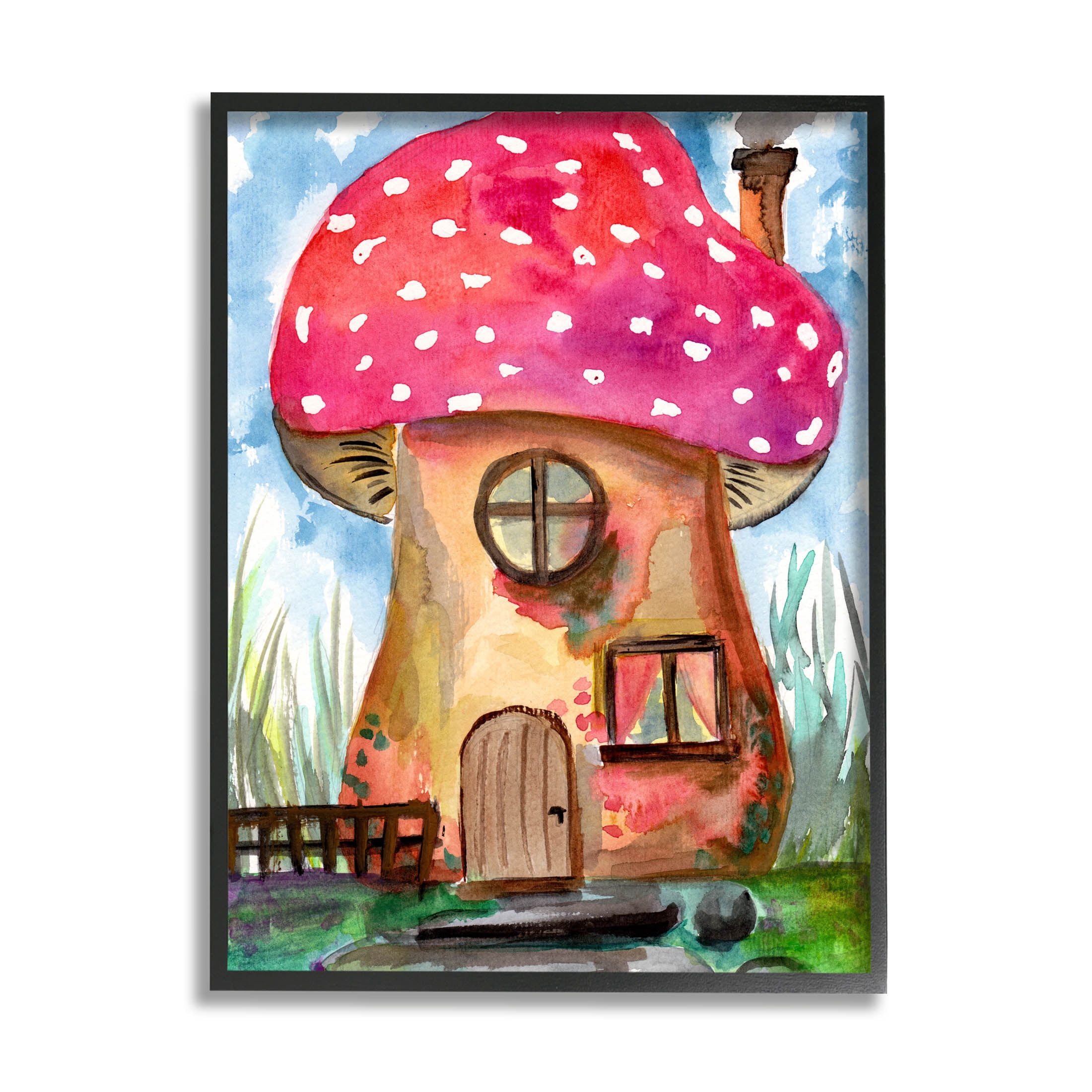 Mushroom Forest House Fantasy Botanical & Floral Painting Black Framed Art Print Wall Art