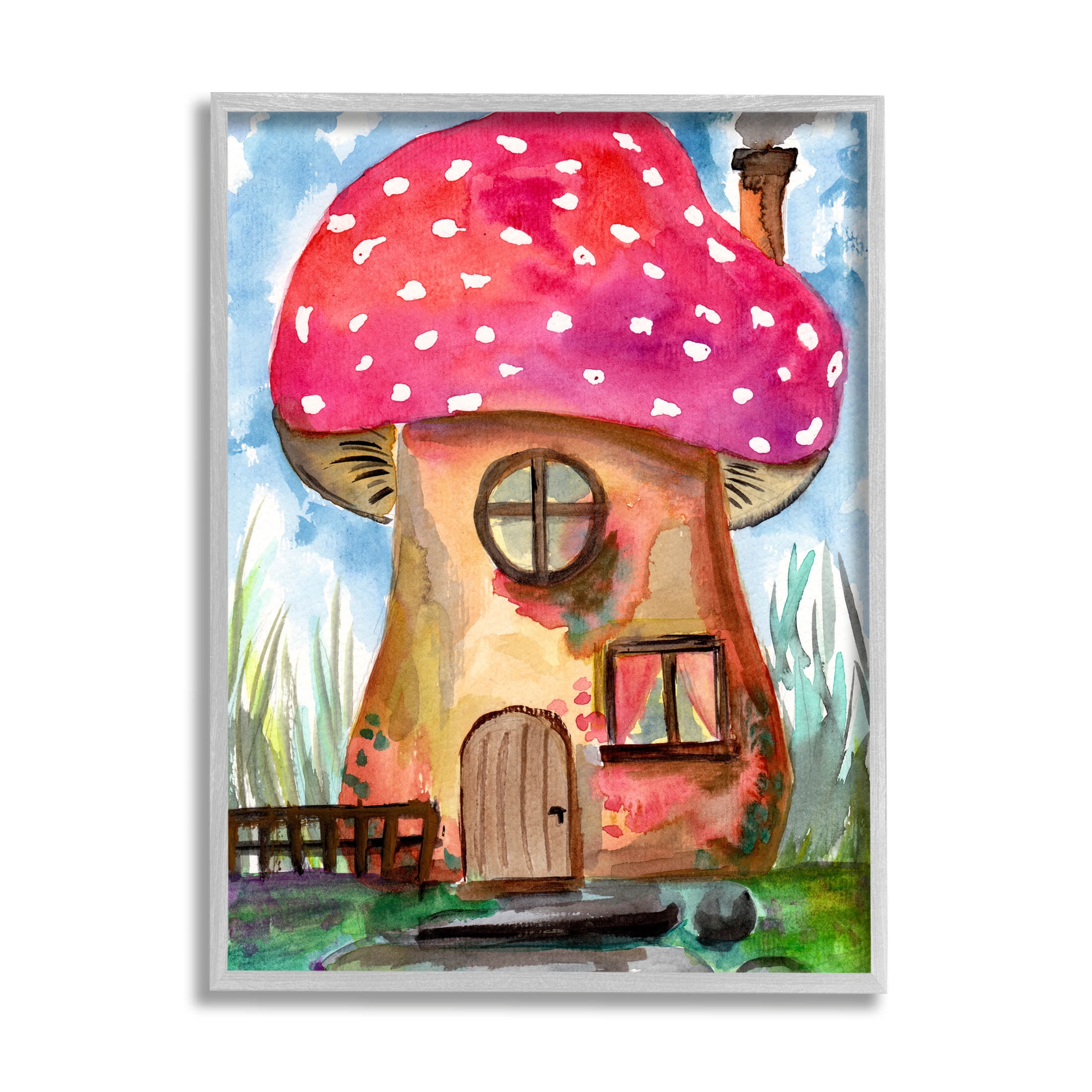 Mushroom Forest House Fantasy Botanical & Floral Painting Gray Framed Art Print Wall Art