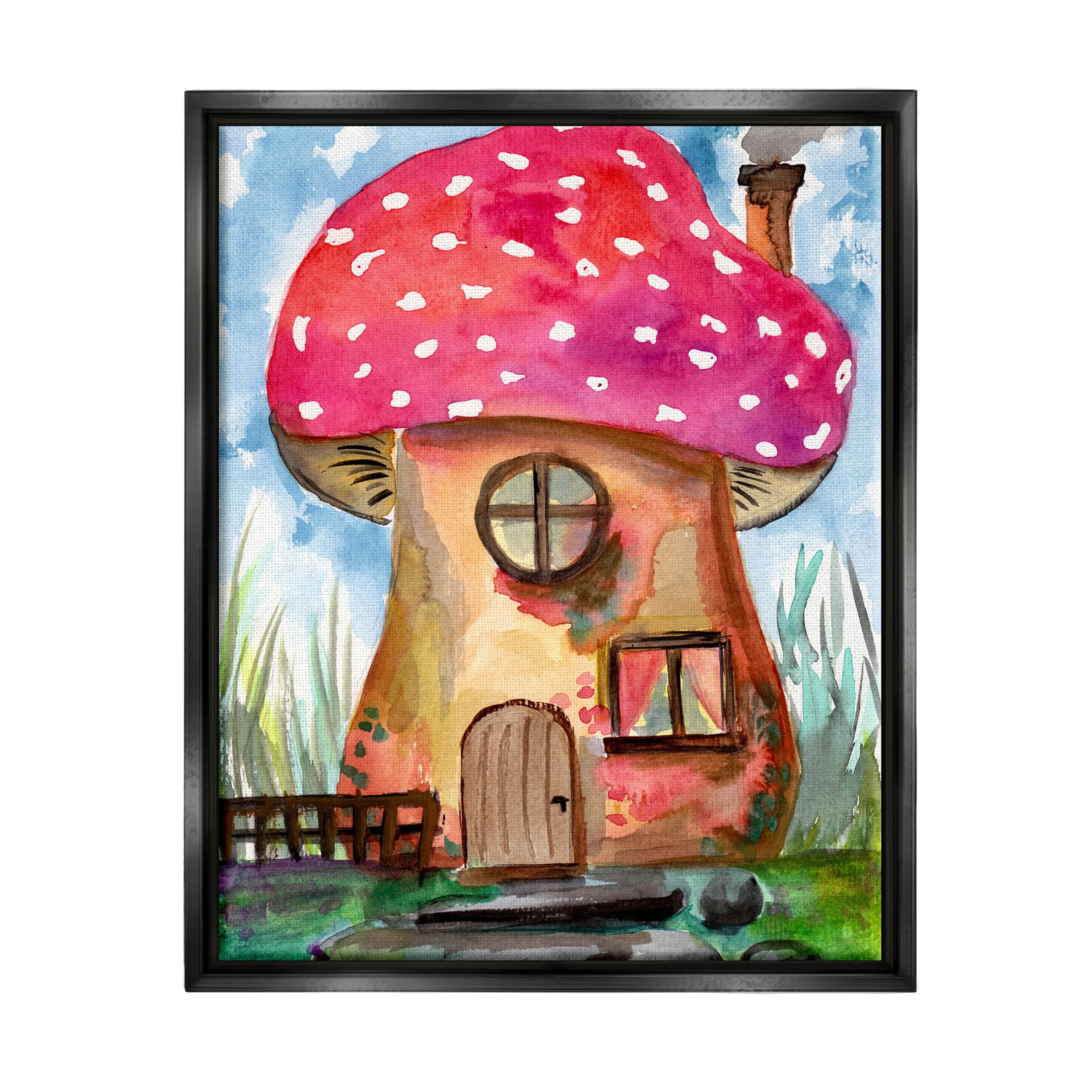 Mushroom Forest House Fantasy Botanical & Floral Painting Jet Black Framed Art Print Wall Art