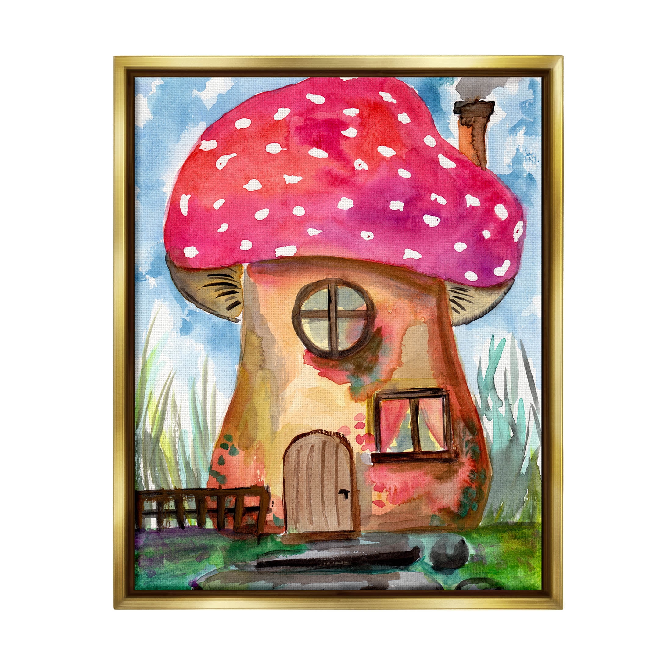 Mushroom Forest House Fantasy Botanical & Floral Painting Metallic Gold Framed Art Print Wall Art