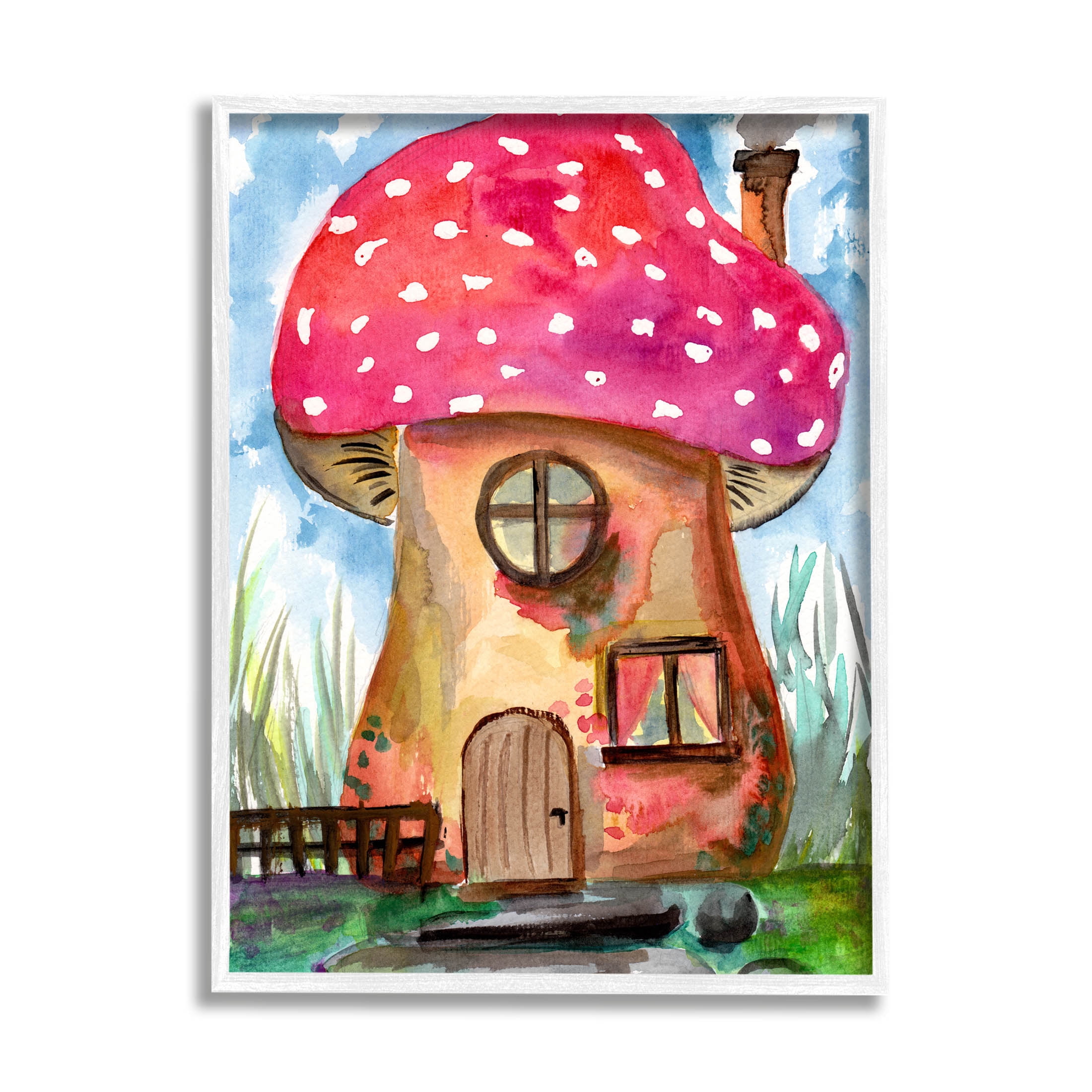 Mushroom Forest House Fantasy Botanical & Floral Painting White Framed Art Print Wall Art