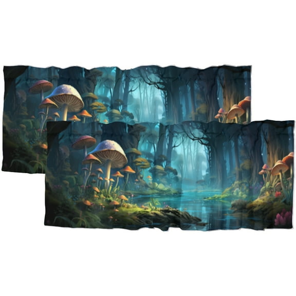 Mushroom Forest Kitchen Valance Curtain Rod Pocket Fantasy Fairy Tale Flowers Window Treatment Valance Curtains for Bathroom 54 by 18 in, 2 Panel