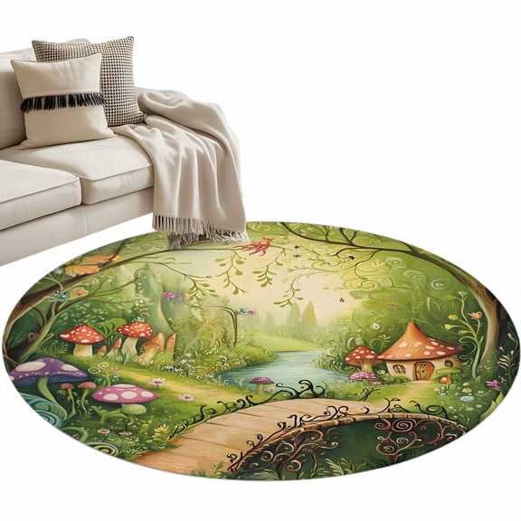 Mushroom Forest Large Area Rugs for Bedroom Living Room, Soft Non Slip Carpet Bedside Rug, Green Fantasy Cottage Vintage Plant Lake Round Floor Cover Kitchen Accent Rug 3' for Dining Room/Office