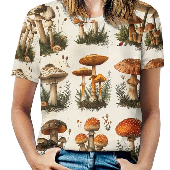 Mushroom Forest Prints T Shirts Basic T-Shirt Short Sleeve Ladies Tee Shirt Summer Graphic Clothing