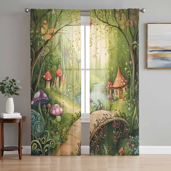 Mushroom Forest Sheer Curtains 96 Inch Length 2 Panels Set, Green Fantasy Cottage Vintage Plant Lake Voile Window Treatment Semi Sheer Long Curtains Drapes for Bedroom/Living Room/Kitchen 52"x96"x2