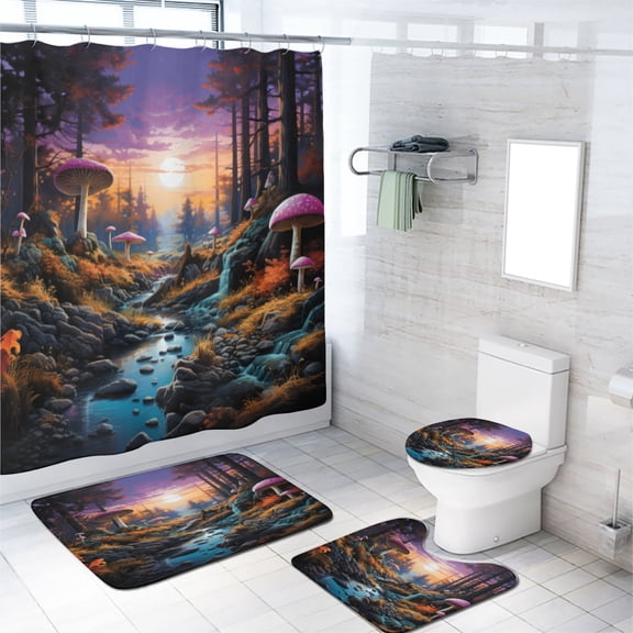 Mushroom Forest Shower Curtain Set with Rugs for Bathroom Decor Dreamy Wonderland Waterfall Colorful Sky with Toilet Lid Cover, Bath Mat, Shower Curtains for Bathroom Rug Set, 72x72 Inch