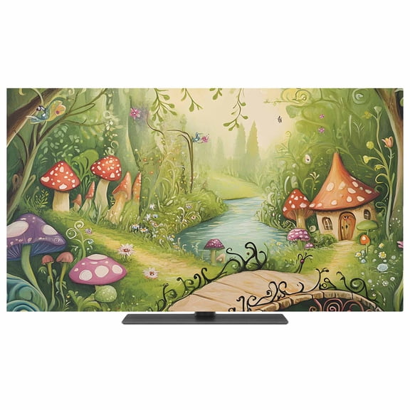 Mushroom Forest TV Dust Cover,Stretchable TV Screen Desktop Computer Protector Cover,Green Fantasy Cottage Vintage Plant Lake Television Dustproof Slipcover for 19–24 Inch Flat or Curved TVs