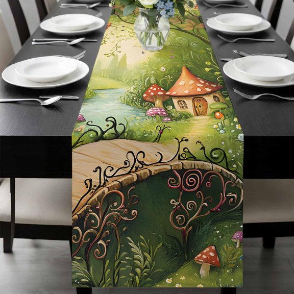Mushroom Forest Table Runner 36 Inches Long, Green Fantasy Cottage Vintage Plant Lake Kitchen Coffee Dining Table Decoration for Home Party Birthday Wedding Home Decor 13x36 Inches