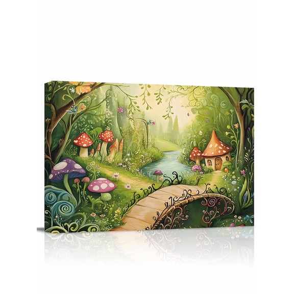 Mushroom Forest Wall Art for Living Room,Canvas Picture Wall Decor for Bathroom Bedroom,Green Fantasy Cottage Vintage Plant Lake Painting Artwork for Office Kitchen Hallway Dining Room Decor 12"x16"