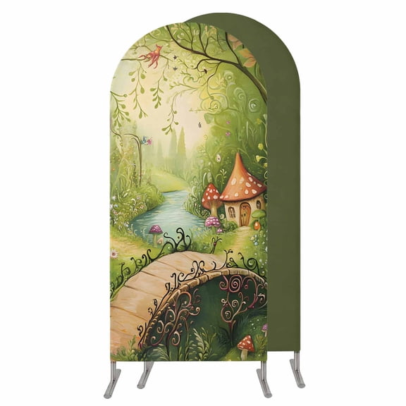 Mushroom Forest Wedding Arch Cover,Stretchy Spandex Arch Backdrop Stand Covers 4 FT,Green Fantasy Cottage Vintage Plant Lake Round Top Arched Backdrop Cover for Birthday Party Ceremony Baby Shower