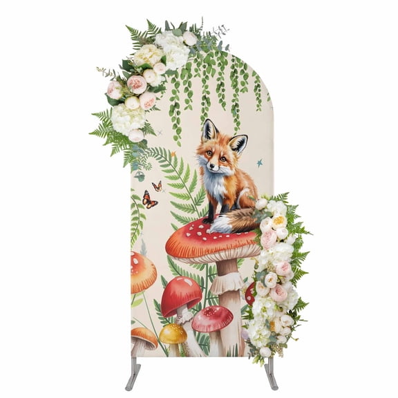 Mushroom Fox Arch Backdrop Cover, Spandex Fitted Wedding Arch Cover, Green Leaf Butterfly Red Retro Plant Round Top Stand Covers for Birthday Ceremony Bridal Shower Party Decor 5x2.1 Ft