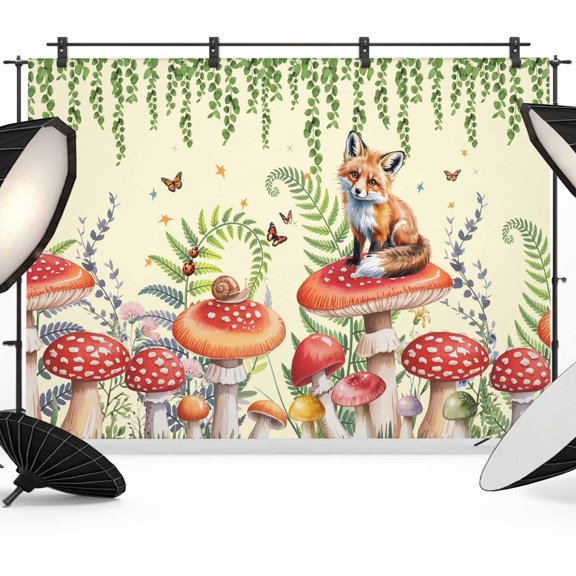 Mushroom Fox Backdrop for Photography,Fabric Photo Background Backdrop,Green Leaf Butterfly Red Retro Plant Photo Booth Background for Portrait Photoshoot Video Wedding Studio Decoration Banner 7x5ft