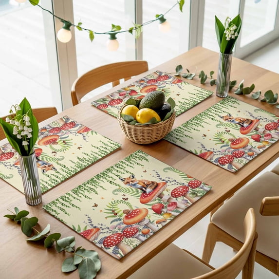 Mushroom Fox Butterfly Placemats Set of 4,Wipeable Washable Table Mats for Dining Tables, Retro Eucalyptus Leaf on Linen Place Mats for Kitchen Event Party Tabletop Decor