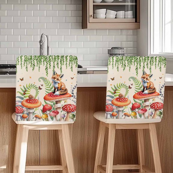 Mushroom Fox Chair Back Cover for Dining Room, Green Leaf Butterfly Red Retro Plant Removable Kitchen Chair Slipcovers, Washable Seat Protector for Restaurant Party Banquet Wedding Décor