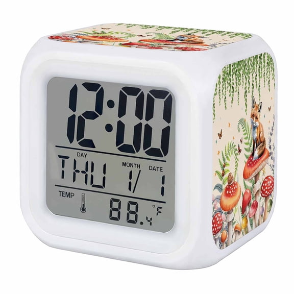 Mushroom Fox Digital Alarm Clock for Bedrooms, Smart LED Alarm Clock with 7 Color Changing Night Light, Green Leaf Butterfly Red Retro Plant Silent Wake Up Clocks for Sleep Study Cooking 3.2"x3.2"