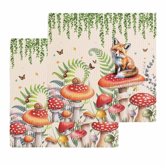 Mushroom Fox Kitchen Dish Towels for Drying Dishes Set of 2, Green Leaf Butterfly Red Retro Plant Waffle Weave Microfiber Hand Tea Bathroom Towels Quick Dry & Absorbent Towel 12x12