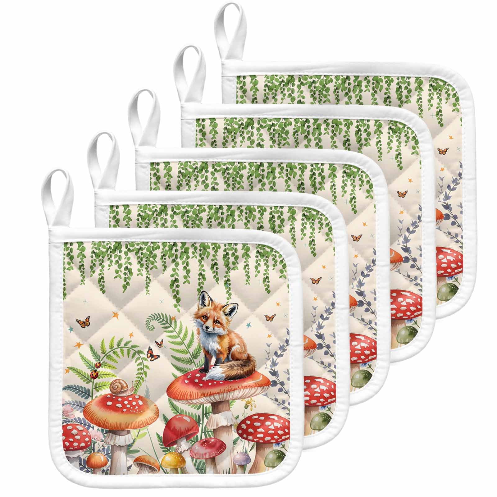 Mushroom Fox Pot Holders for Kitchen Heatproof Potholder, 5 Pack Green Leaf Butterfly Red Retro Plant Hot Pads Multipurpose Oven Pads Cloth Potholders Trivet for Cooking Baking