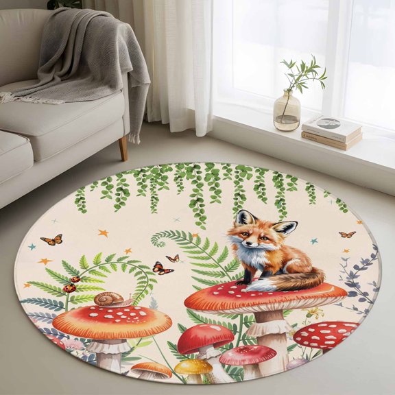 Mushroom Fox Round Rug 3ft Washable Circle Entryway Rugs Non Slip Green Leaf Butterfly Red Retro Plant Area Rug Indoor Floor Carpet for Bedroom Kitchen Living Room Home Office Dining Room Nursery