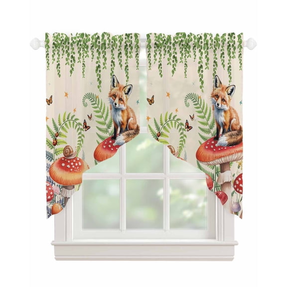 Mushroom Fox Swag Valances for Windows, Green Leaf Butterfly Red Retro Plant Rod Pocket Sheer Valances for Small Windows, Swag Toppers Light Filtering for Kitchen Living Room 2 Panels 28''x36''