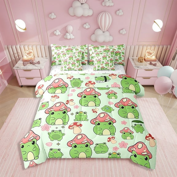 Erosebridal Mushroom Frog 7Pcs Comforter Set Full Size Cute Mushroom Bedding Set Bedroom Decor Cartoon Animals Plants Fitted + Flat Sheet Pink Green 2 Pillow Cover,2 Pillowcases