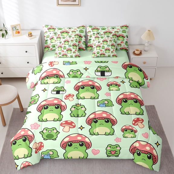 Erosebridal Mushroom Frog 7Pcs Comforter Set Twin Size Cute Mushroom Bedding Set Bedroom Decor Cartoon Animals Plants Fitted + Flat Sheet Pink Green 2 Pillow Cover,2 Pillowcases