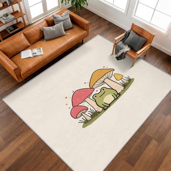 Mushroom Frog Area Rugs, Cartoon Fungus Plant Carpet, Washable Non Slip ...