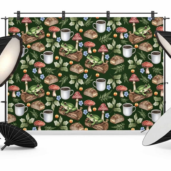 Mushroom Frog Backdrop for Photoshoot,Photography Photo Studio Background Wall Backdrop,Coffee Bread Dark Green Background Back Drop Banner Panel for Portraits Wedding Live Streaming Decor 8x6Ft