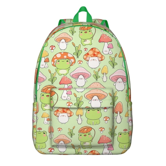 Mushroom Frog Backpack – Cute Cartoon Frog Pattern Bookbag with Forest, Plant, and Green Nature Style