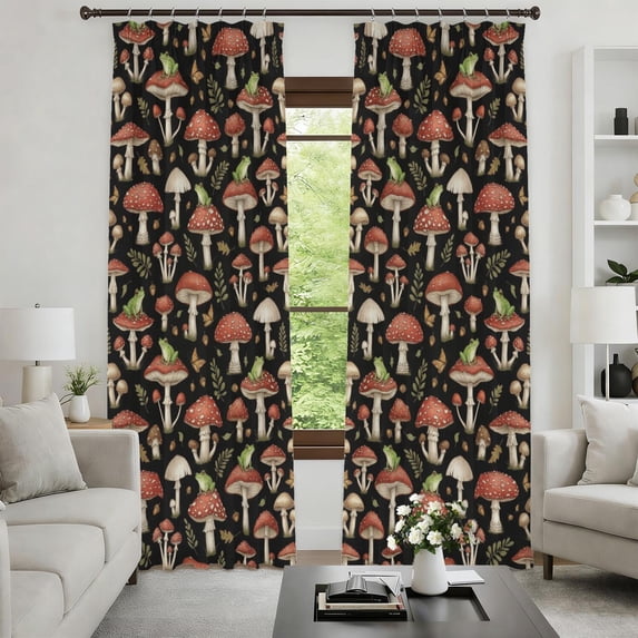 Mushroom and Frog Black Pattern Pinch Pleat Semi Sheer Linen Curtains ...