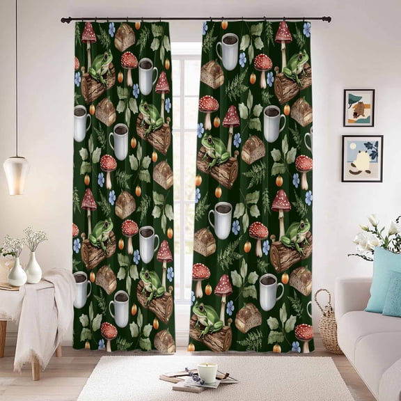 Mushroom Frog Blackout Curtains for Bedroom/Living Room, Pinch Pleated Black Out Curtains, Coffee Bread Dark Green Background Room Darkening Window Drapes with Hooks 2 Panels, 39"x70"
