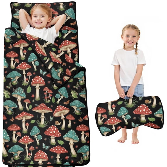 Mushroom and Frog Butterfly Black Pattern Kids Nap Mat, All-in-One Nap ...