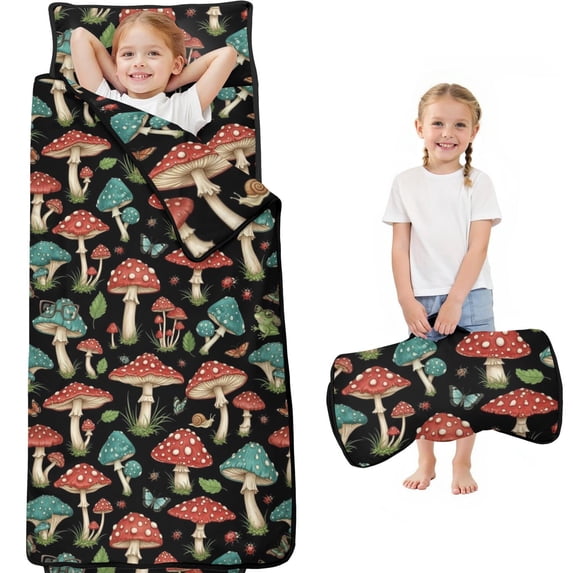 Frig Pattern Mushroom and Frog Butterfly Black Pattern Kids Nap Mat, Daycare Sleep ...