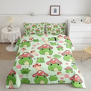 Mushroom Frog Comforter Set Full Size Cute Bedding Bedroom Decor Cartoon Animals Plants Quilt Pink Green Duvet Insert