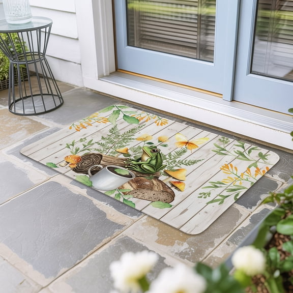 Mushroom Frog Door Mat Indoor Outdoor,Flowers Butterfly Green Coffee White Wood Non Slip Welcome Mat with Rubber Backing,Absorbent Fabric Front Door Mats Entryway Rug for Home Patio Entrance 16"x24"