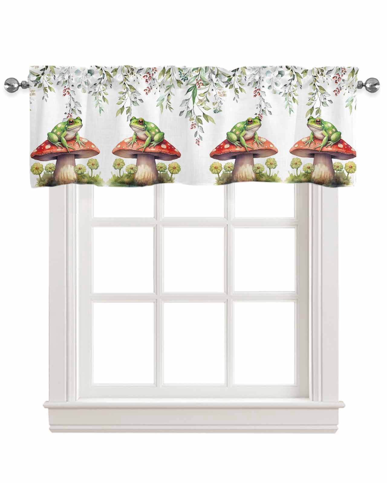 Mushroom Frog Linen Curtain Valance for Bedroom/Bathroom/Kitchen/Office/Living/Dining Room Windows,Eucalyptus Flower Watercolor Spring Rod Pocket Topper Drapes Decorative Cafe Drapery Panel 54x18