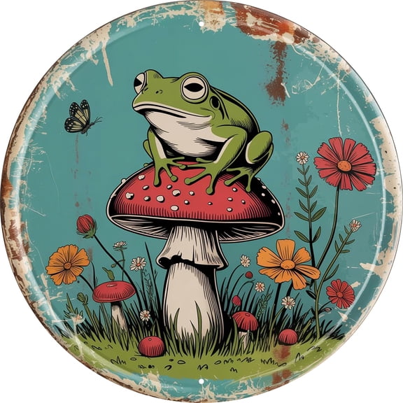 Mushroom Frog Metal Sign 8x8in Round Whimsical Plaque for Garden Wall Decor Fantasy Nature Gift