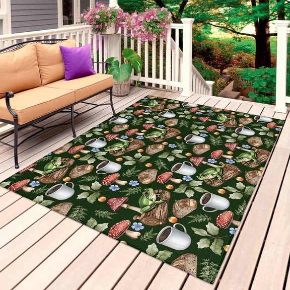 Mushroom Frog Outdoor Rug 5x7 Ft, Non Slip Washable Area Rug, Coffee Bread Dark Green Background Patio Rugs Carpet Runner, Large Floor Mat for Indoor/Outdoor Deck Porch Camping