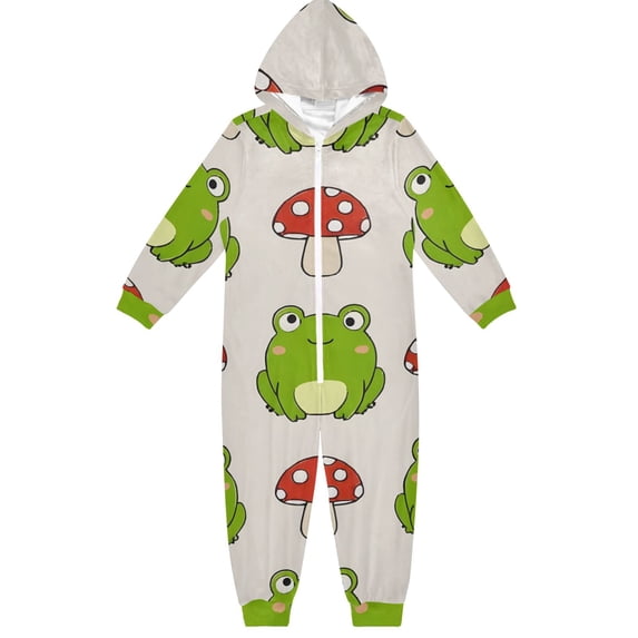 Mushroom Frog Pattern One Piece Pajamas Soft Jumpsuit Cozy Sleep and Play Romper Zipper and Pockets 12-13Y